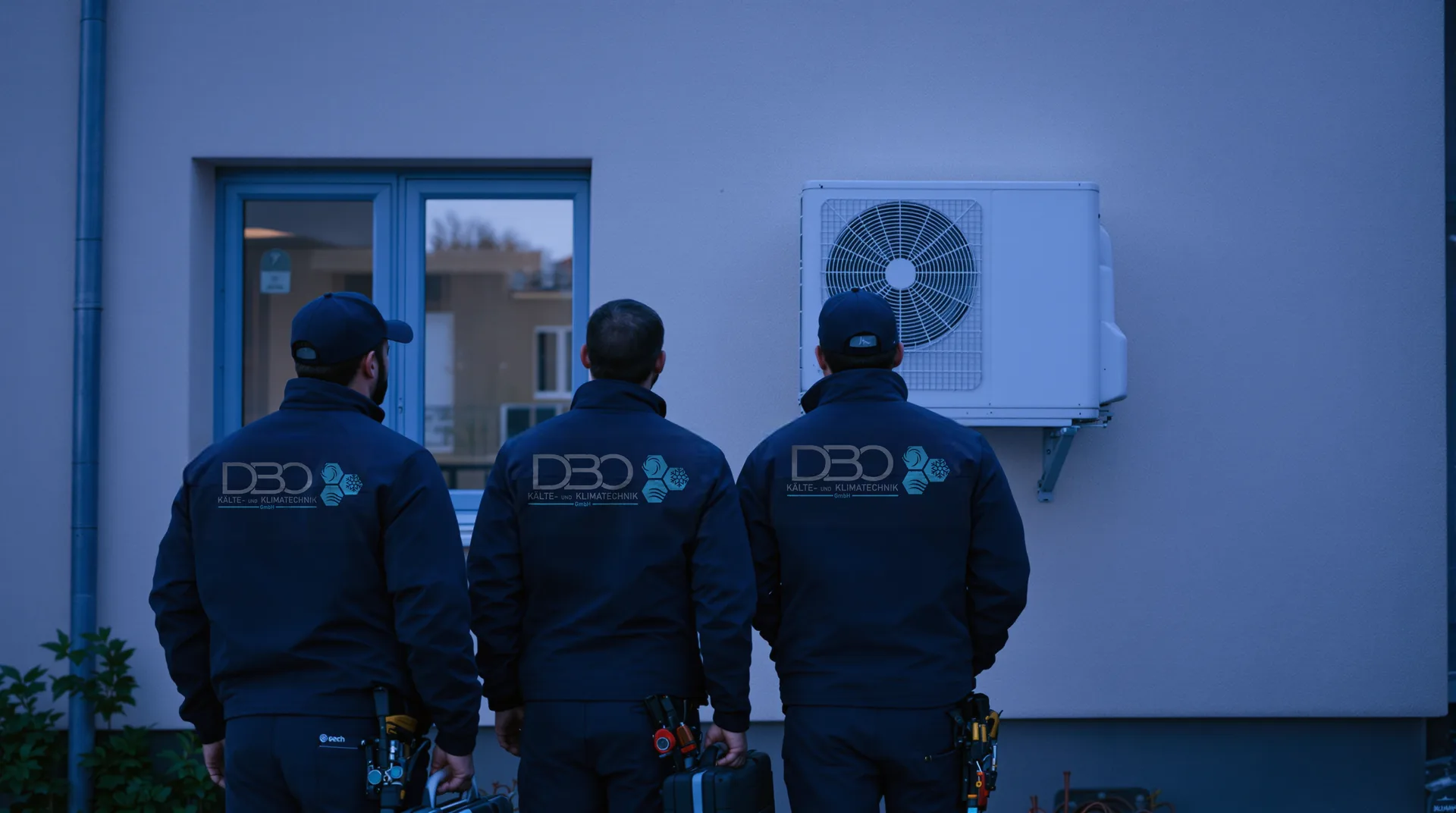 Illustration: drei Monteure von hinten in dunklen Arbeitsjacken mit DBO-Logo vor einer Hauswand mit Außengerät